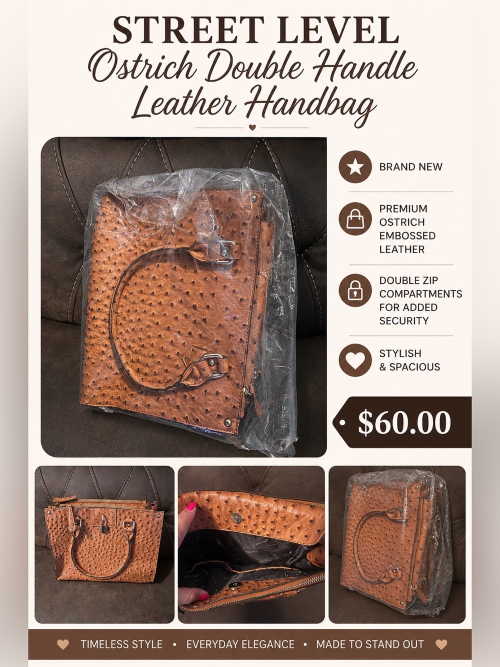 Street Level Ostrich-Embossed Tan Leather Double-Handle Tote